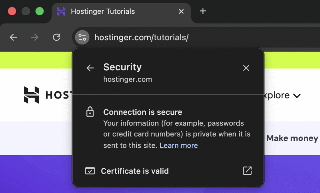 Browser security panel showing secure HTTPS connection and valid certificate.