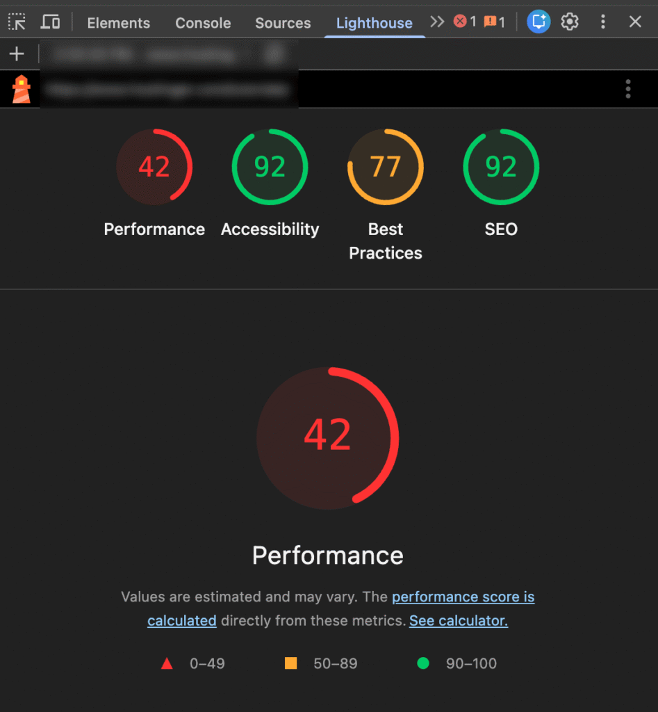 Google Lighthouse audit showing performance, accessibility, and SEO scores.