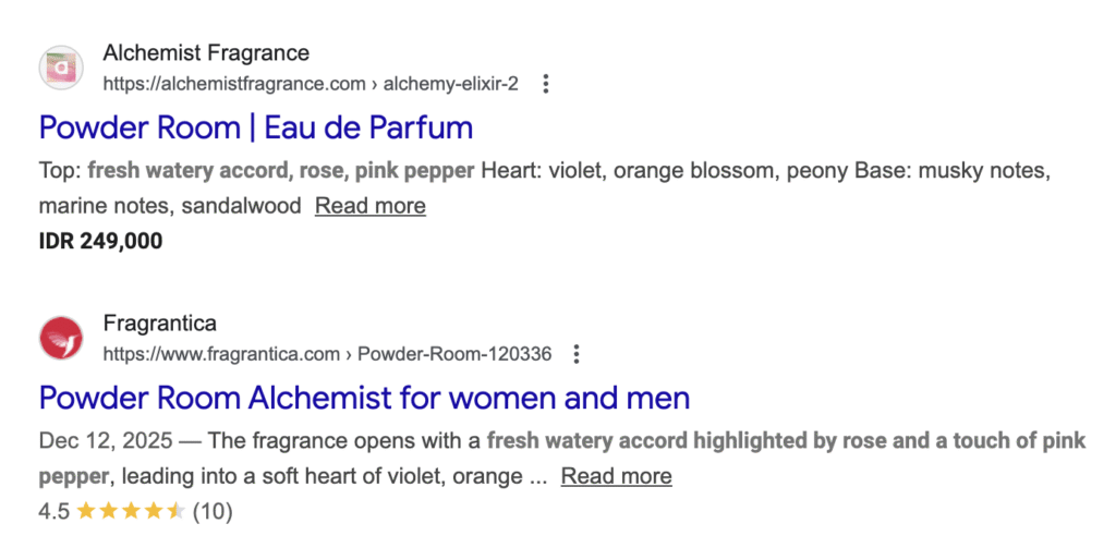 Google search results showing product price and star rating rich snippets.