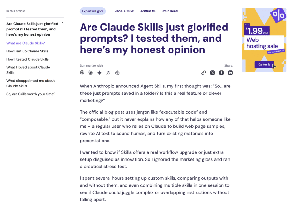 Hostinger article page showing author name, publish date, and read time.