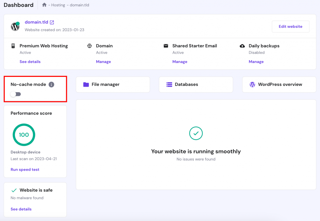 Hostinger hPanel dashboard with No-cache mode highlighted.