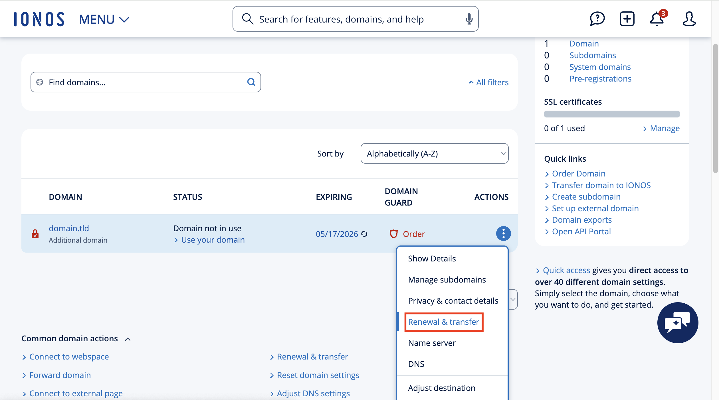 IONOS account domains and SSL section with active domains listed