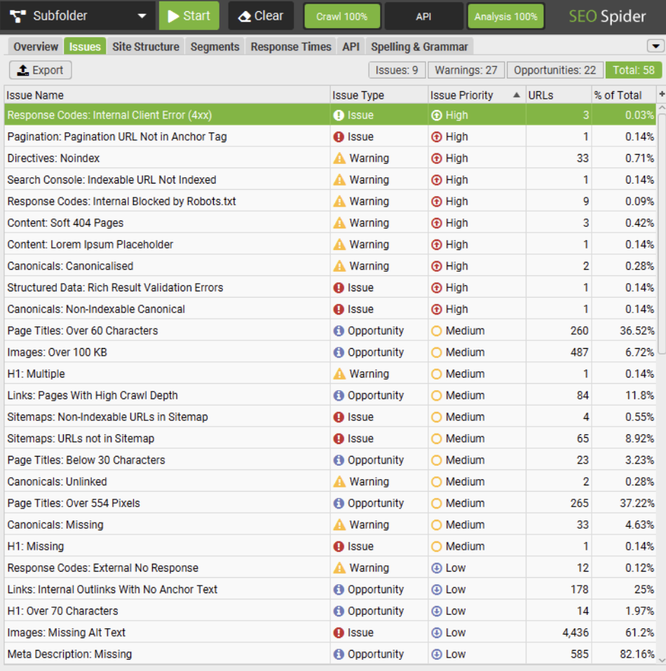 Screaming Frog SEO Spider Issues tab displaying site audit warnings.