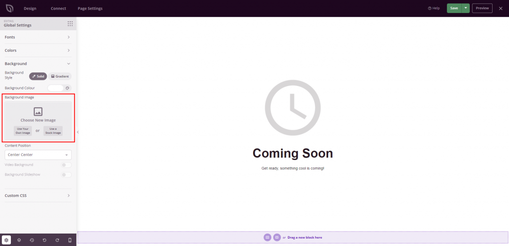 SeedProd editor with the Background Image section in Global Settings highlighted.