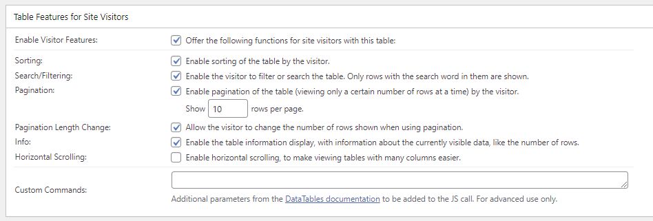 The Table Features for Site Visitors section in the TablePress plugin.