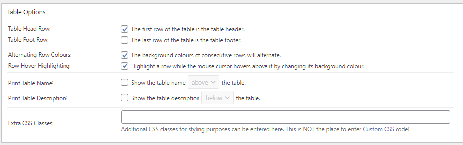 The Table Options section in the TablePress plugin.