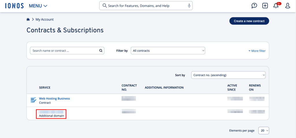 Additional active domains in the Contracts & Subscriptions tab