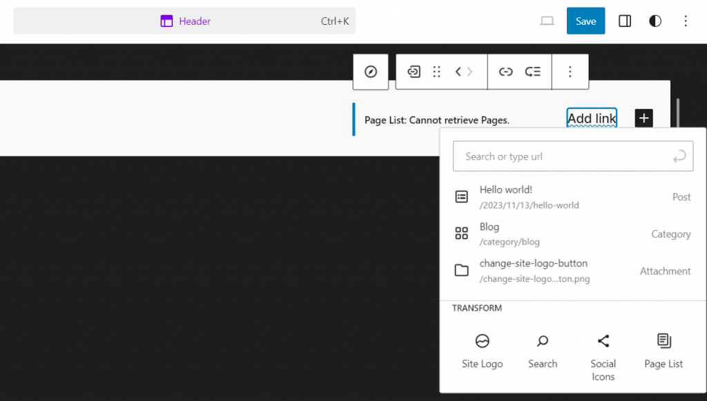 Der benutzerdefinierte Link im Navigationsblock ist ausgewählt.