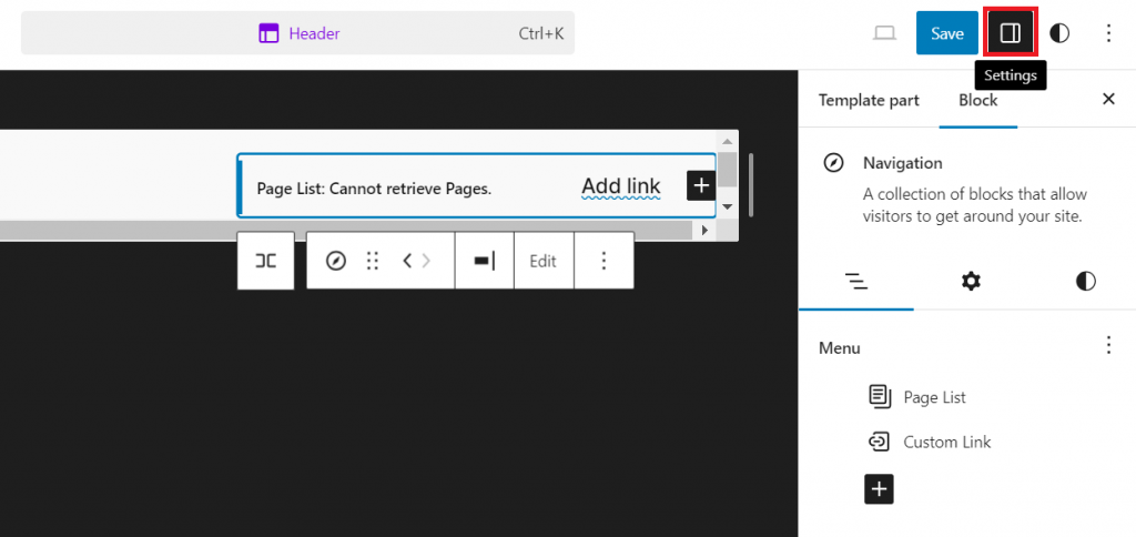 Die Schaltfläche „Einstellungen“ im WordPress-Seiteneditor ist hervorgehoben.