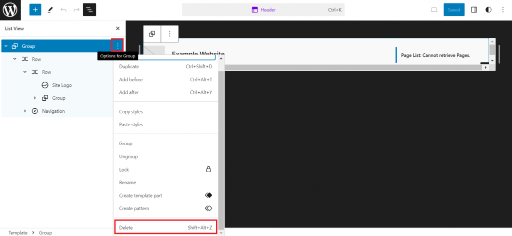 Die Schaltfläche „Gruppenoptionen“ und das Menü „Löschen“ sind in der Listenansicht des Site-Editors hervorgehoben.