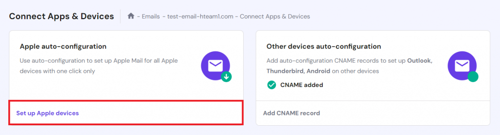 Selecting the Set up Apple devices option in the Connect Apps & Devices page of hPanel