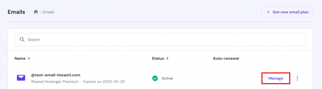 Selecting an email account in hPanel