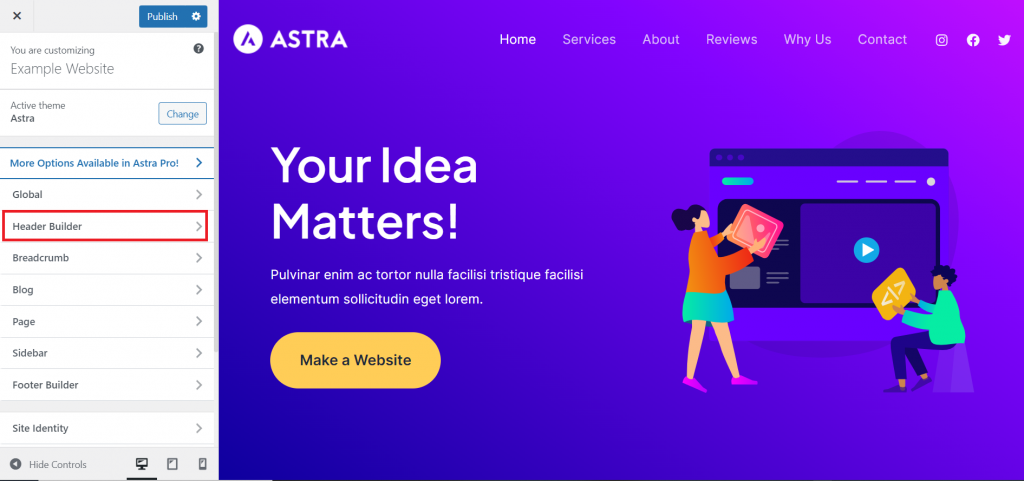 Das Menü „Header Builder“ ist im Theme Builder des Astra-Themes hervorgehoben.