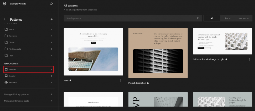 Der Header-Vorlagenteil im WordPress-Seiteneditor
