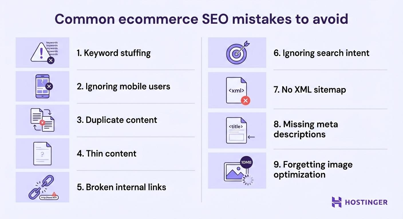 Visual image of common ecommerce SEO mistakes to avoid