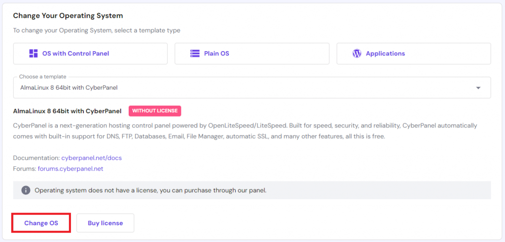 The operating system installation menu in hPanel
