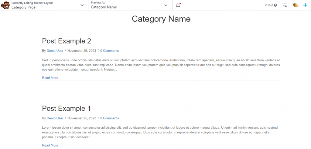 Beaver Builder WordPress category page preview with sample posts