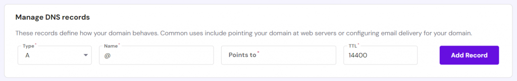 Adding a new DNS record in Hostinger's DNS Zone Editor