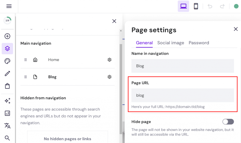 Hostinger Website Builder highlighting the option to change page URL
