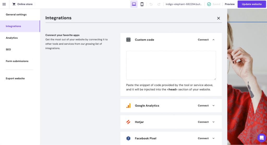 Hostinger Website Builder integrations settings