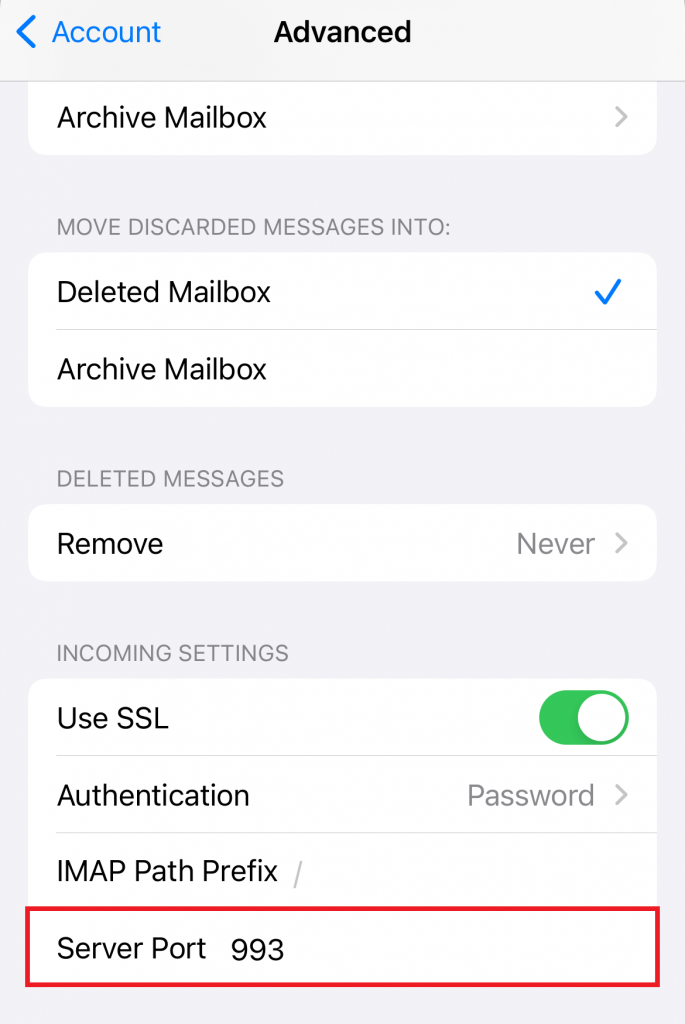Selecteer vervolgens Geavanceerd en controleer of de Serverpoort correct is ingesteld.
