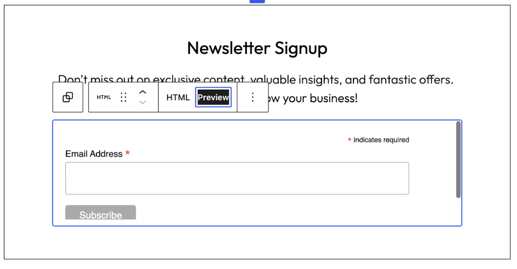 Preview of a custom-coded email newsletter signup form