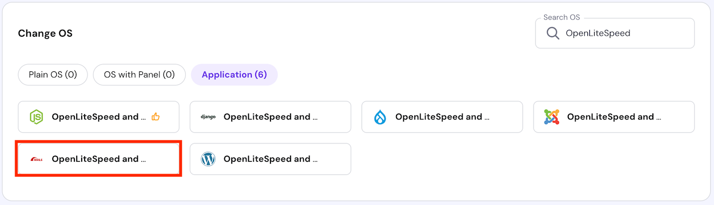 OpenLiteSpeed and Rails VPS template on hPanel's operating system configuration page