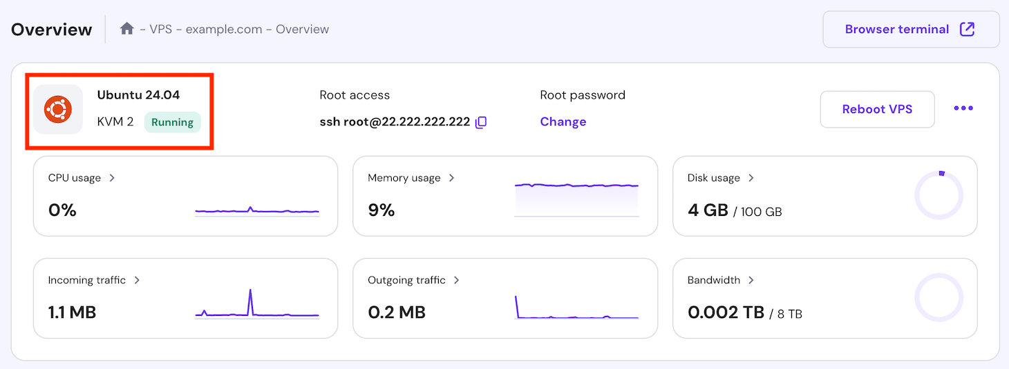 The server status on hPanel's VPS overview page