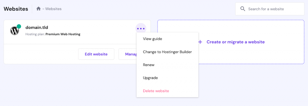 hPanel Websites settings