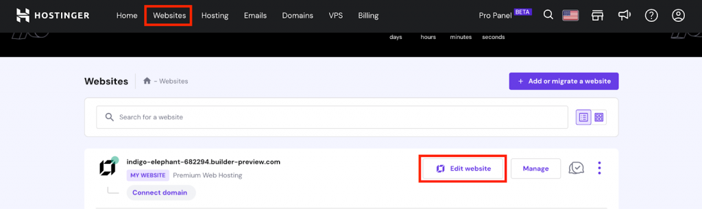 hPanel Websites menu with edit website button highlighted