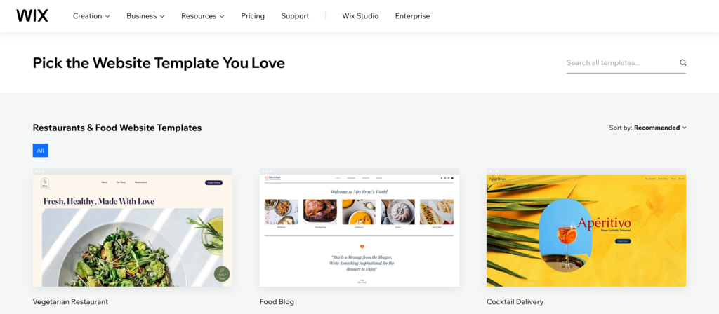 Wix website builder restaurant templates