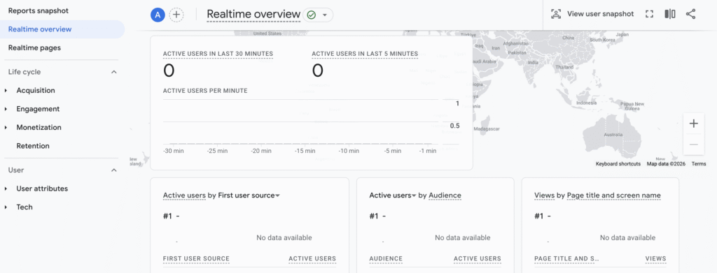 GA4 Realtime overview showing active users and geographic map