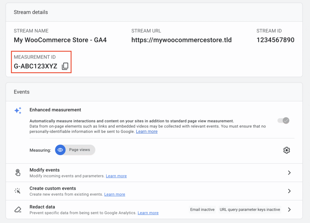GA4 stream details page with Measurement ID highlighted