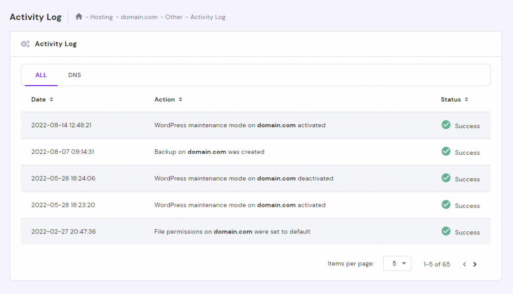 The Hostinger's activity log is accessible via hPanel