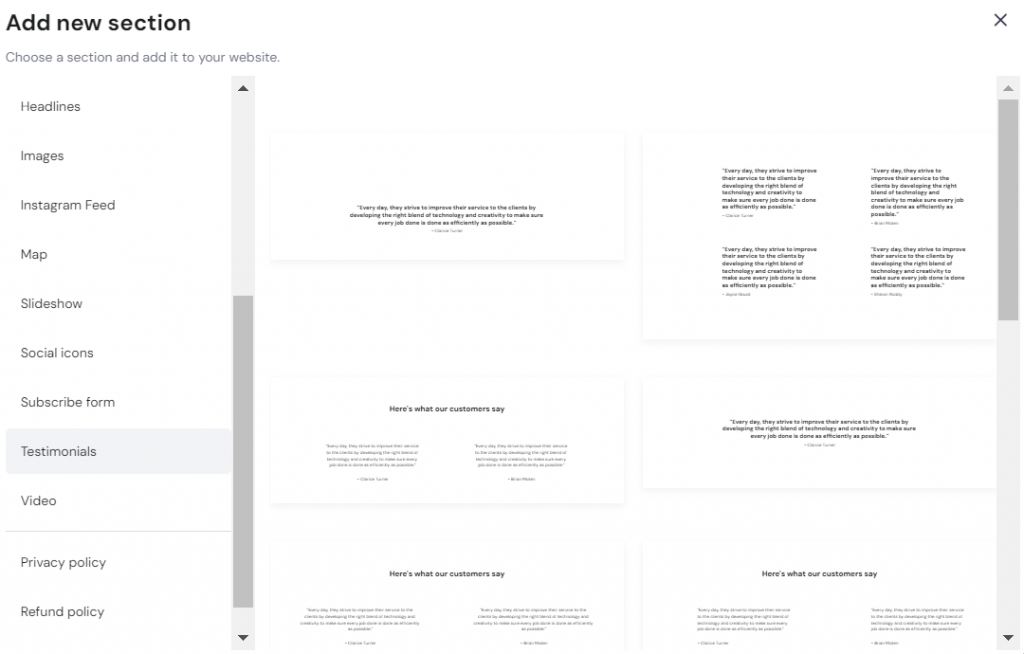 The Testimonials section in Hostinger Website Builder's Add new section menu