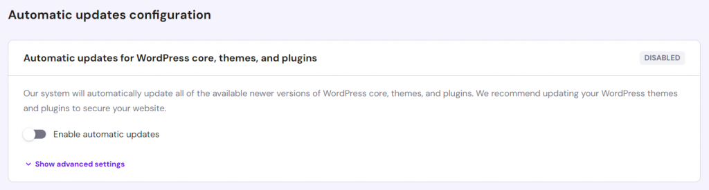 WordPress Enhanced Automatic Updates setting in hPanel