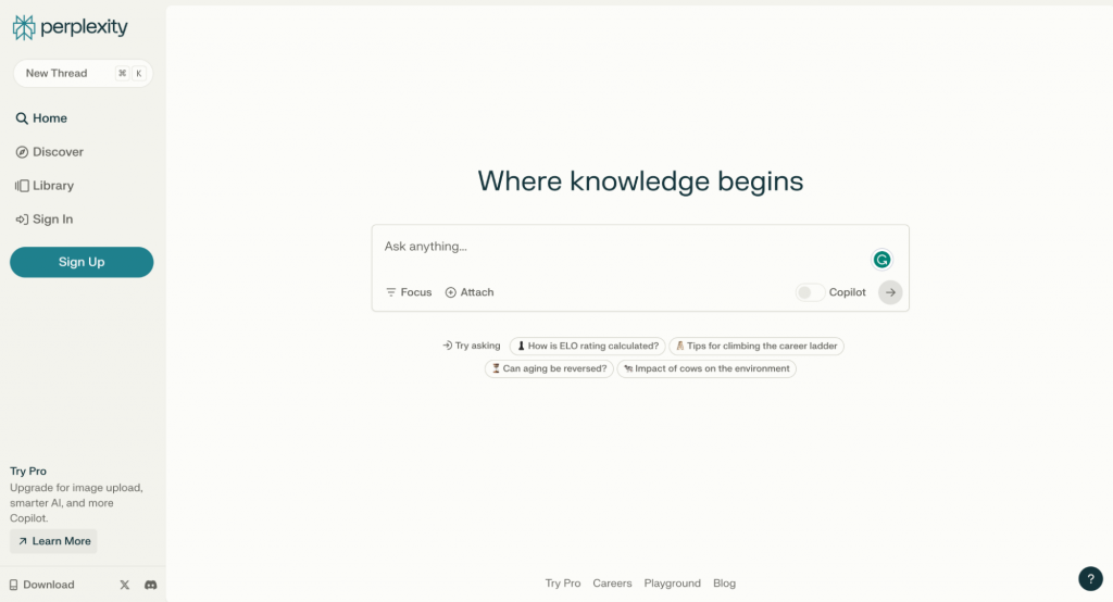 Preplexity AI landing page