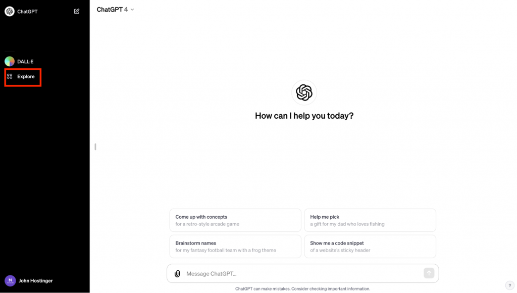 ChatGPT sidebar open with Explore button highlighted