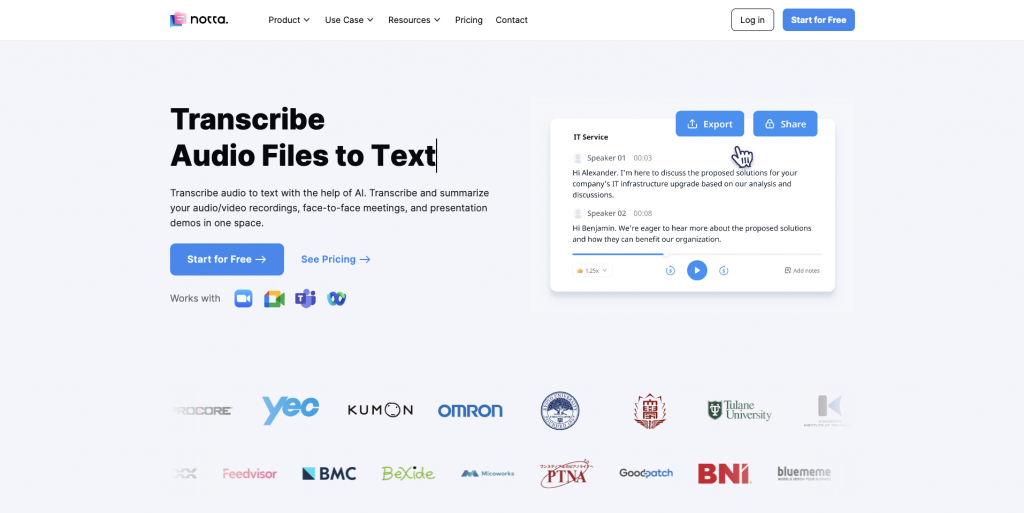 Notta AI landing page