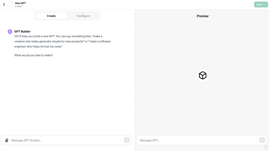 GPT Builder main view with Create tab open