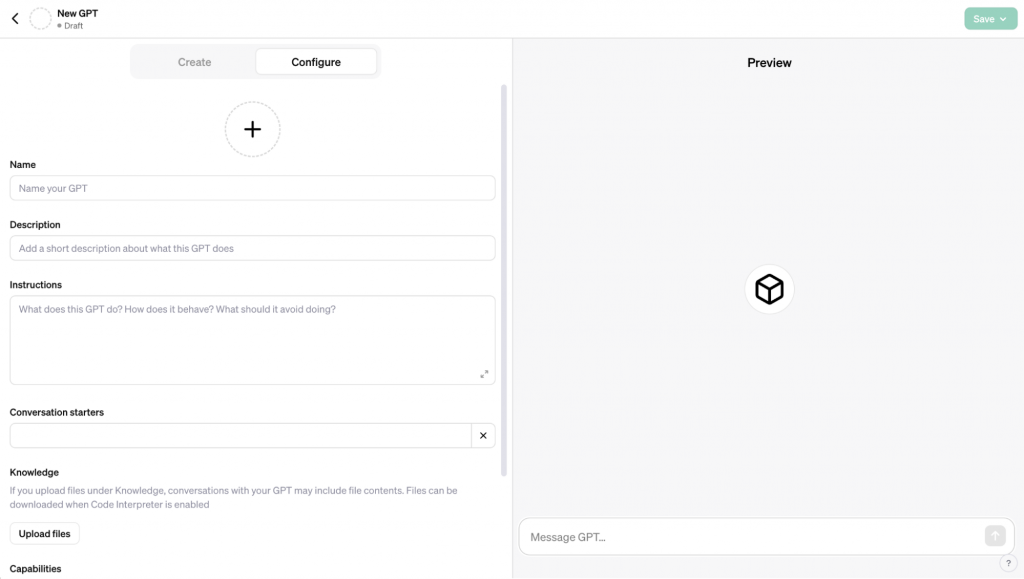 GPT builder Configure tab open