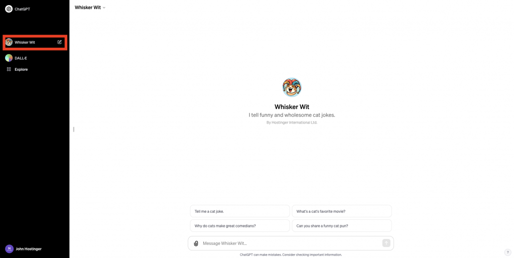 GPT selected with the GPT also highlighted in the sidebar