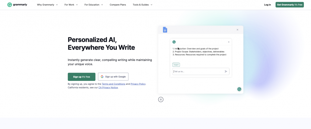 Grammarly landing page