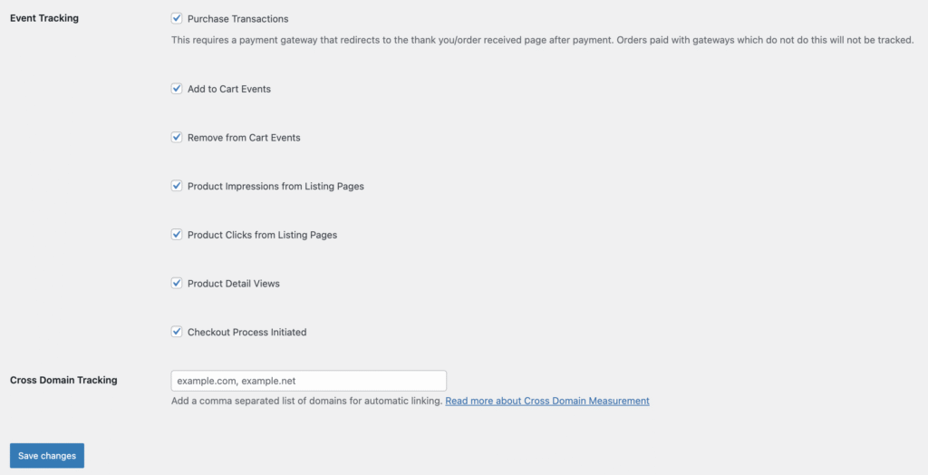 WooCommerce Google Analytics event tracking options with Save changes button