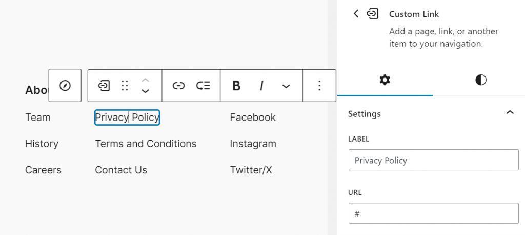 Inserting the URL of the privacy policy page on the Site Editor