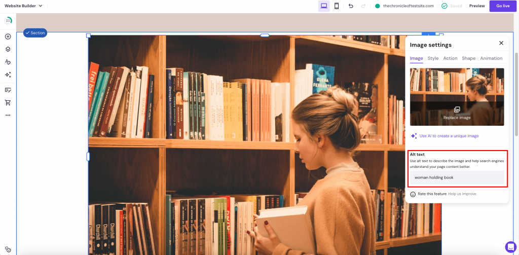 Image settings for writing alt text for images displayed on the website