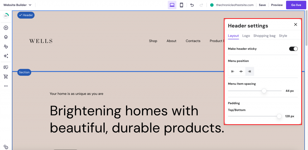 Hostinger Website Builder's Header settings