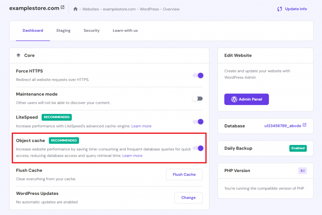 Activating the Object cache option on hPanel