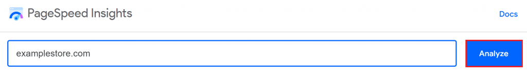 Entering the website's URL on the PageSpeed Insights page