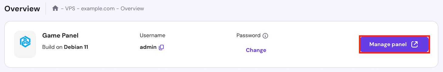 The Game Panel access button on hPanel's VPS Overview menu